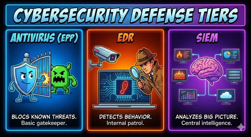Antivirus vs EDR vs SIEM Infografía